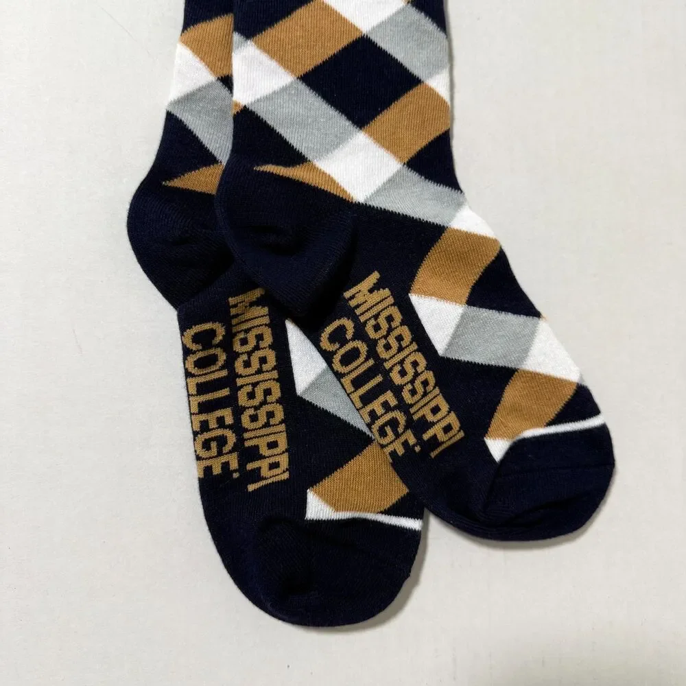 TCK Mississippi College MC Logo Diamond Check Crew Socks